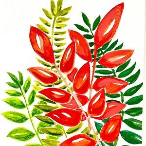 Funky Leaves - Original Wall Art Watercolor Painting Matted Frame Ready 8x10in